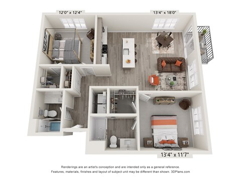 Floor plan for 2 beds, 2 baths, 1018 sqft